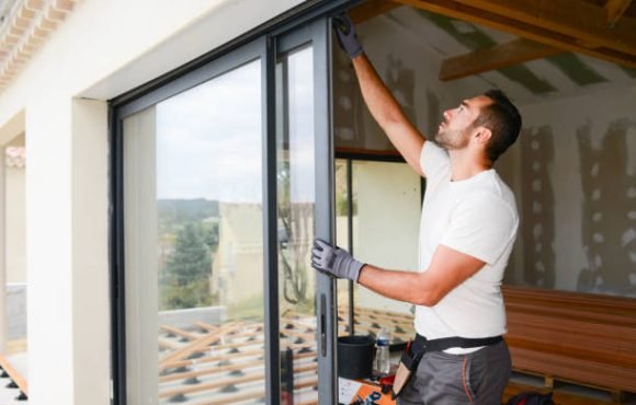 handsome young man installing bay window in a new house construction site